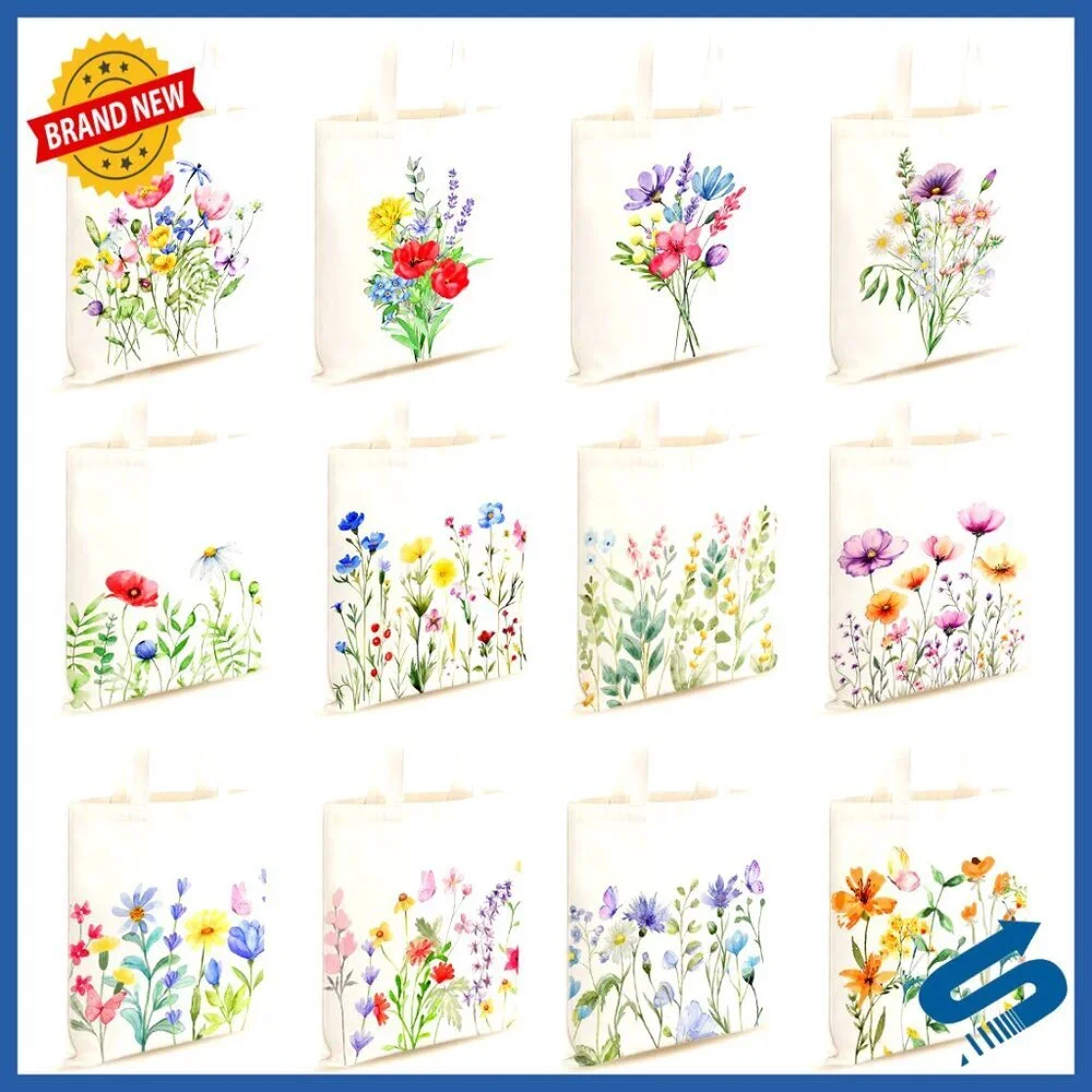 Canvas Tote Bags Set of 12 Reusable Grocery Shopping Bags Wildflower Designs